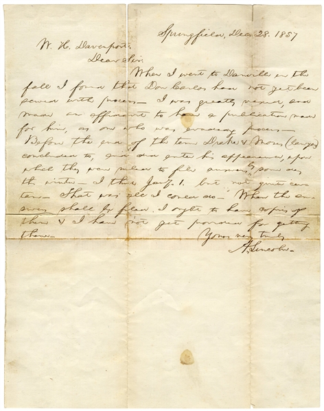 Abraham Lincoln Autograph Letter Signed From 1857 as a Lawyer in Springfield, Illinois on a Land Fraud Case -- ''...I was greatly vexed...''